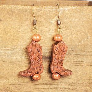 Cowboy Boot Drop and Dangle Earrings. Wooden Boot and Bead with Scroll Detail.